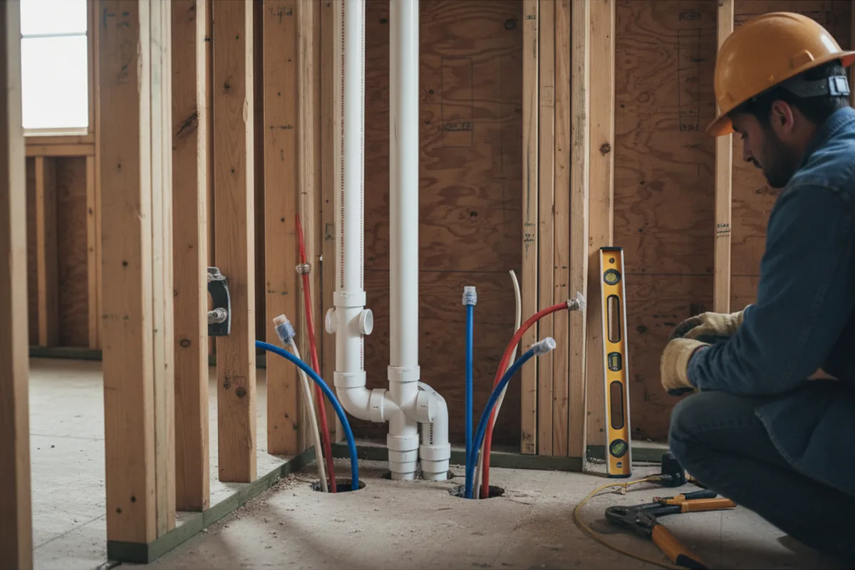 Drain and supply rough-in during Sump Pump Repair in Booneville