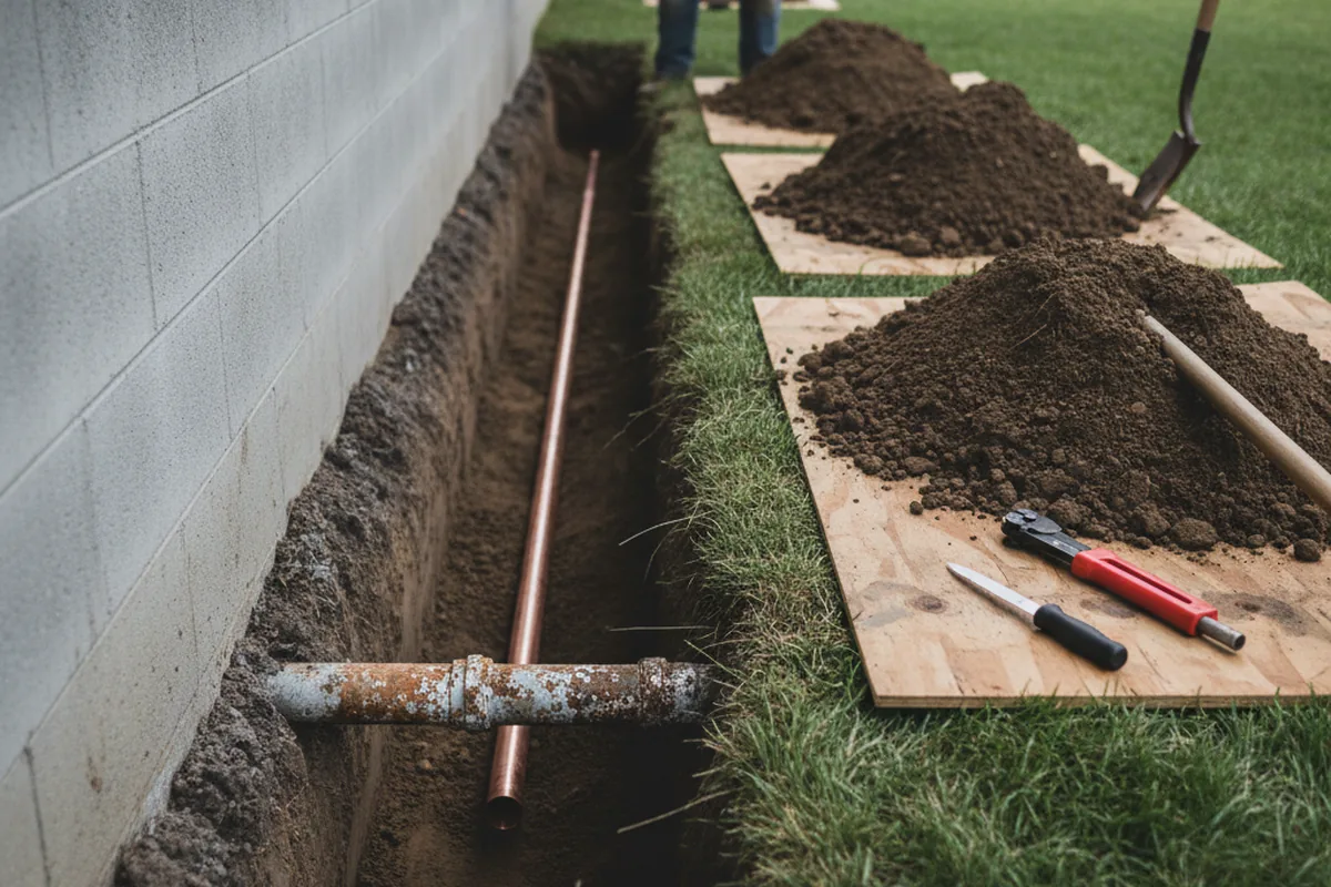 Excavated water line trench during Water Heater Repair in Booneville